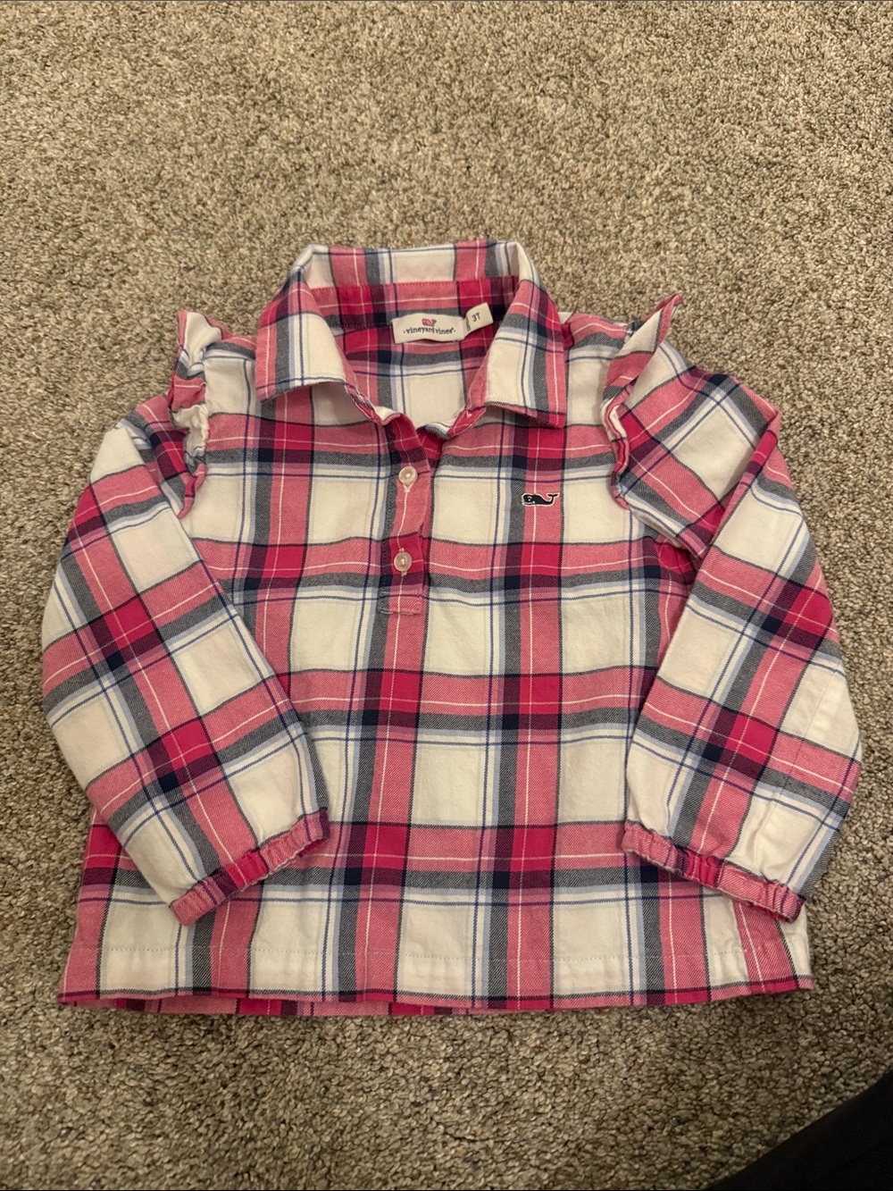 Vineyard Vines Toddler Girls Pink, White & Blue Plaid Button Shirt Ruffle 3T